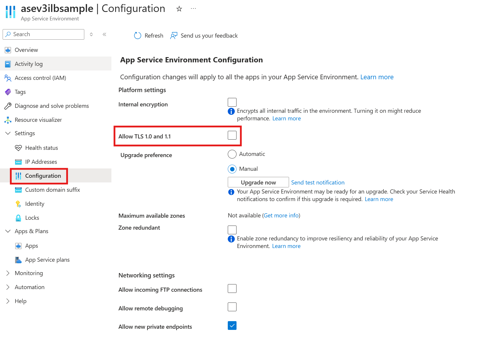 应用服务环境的 Azure 门户中“配置”页的屏幕截图，其中显示了禁用 TLS 1.0 和 TLS 1.1 的位置。