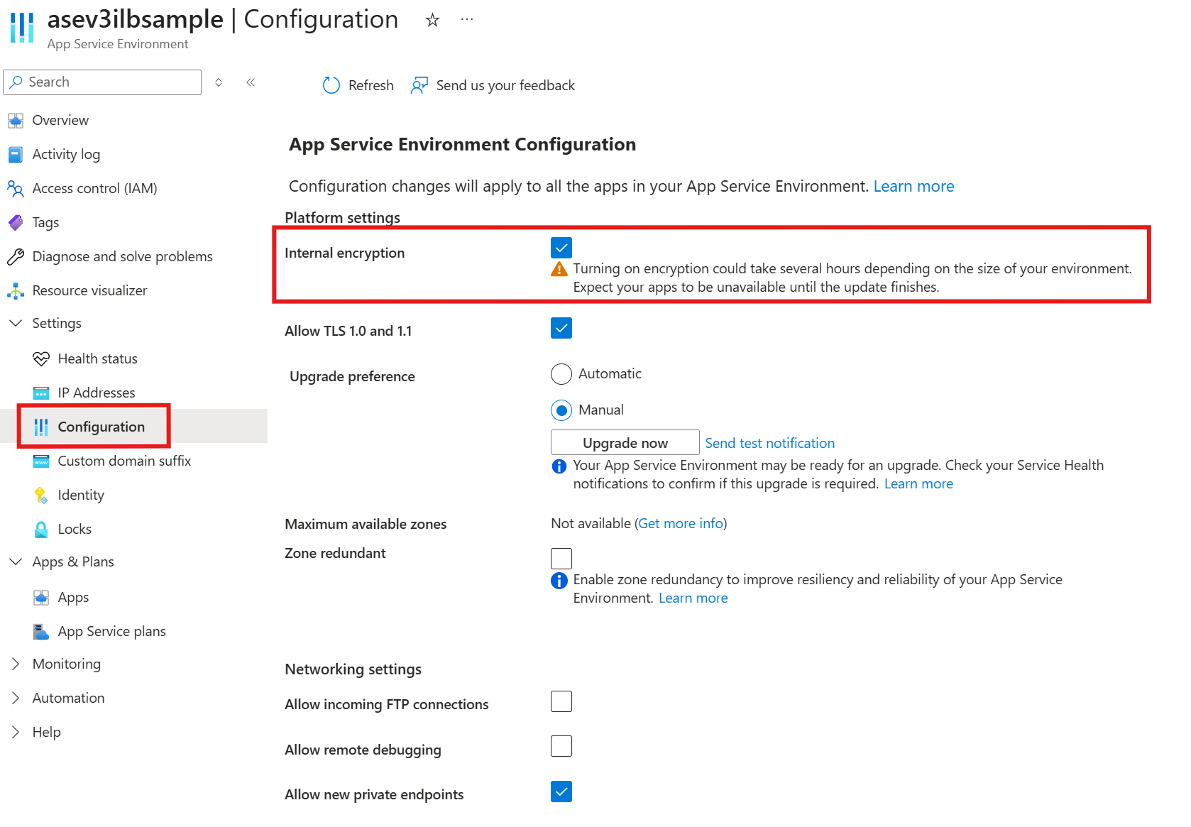 应用服务环境的 Azure 门户中“配置”页的屏幕截图，其中显示了启用内部加密的位置。
