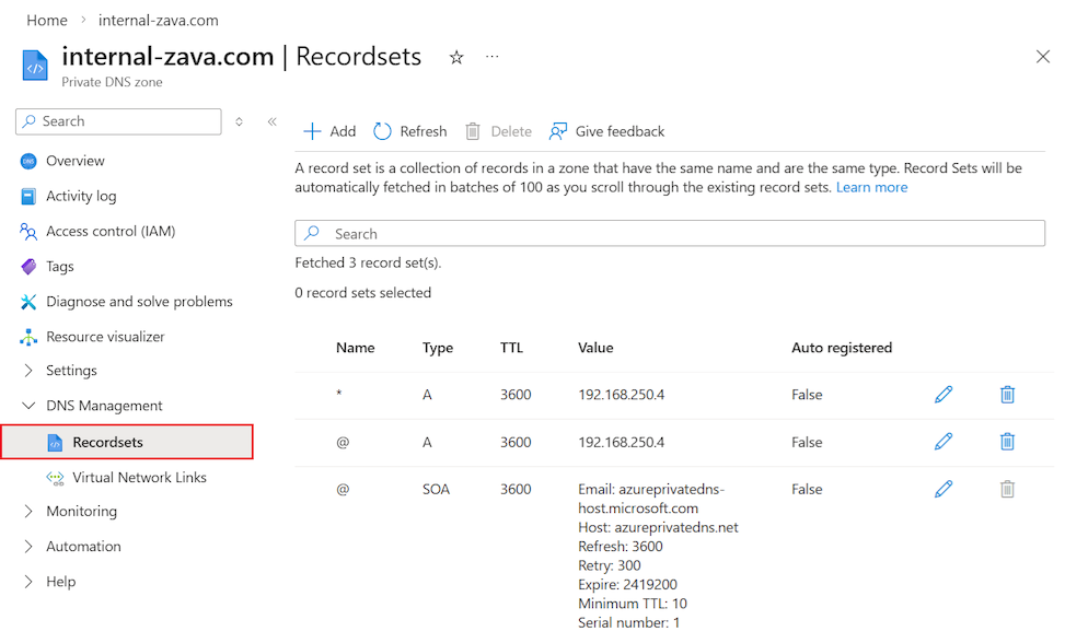 显示 Azure 门户中的专用 DNS 区域记录集的屏幕截图。