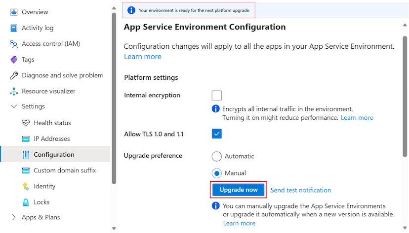 显示如何在 Azure 门户中启动应用服务环境的升级过程的屏幕截图。