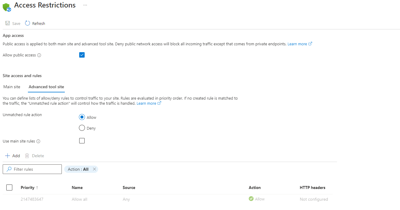 Azure 门户中“访问限制”窗格的屏幕截图，显示没有为 SCM 站点或应用设置访问限制。