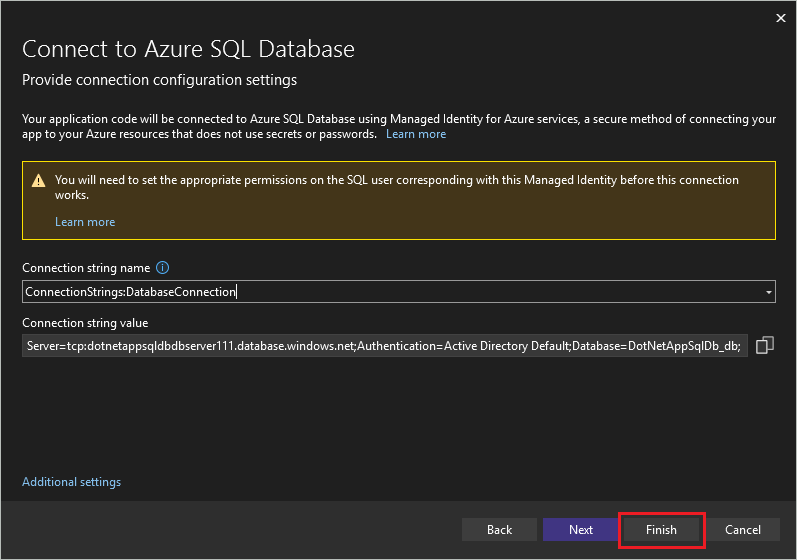 有关配置托管身份以使连接正常工作的消息的屏幕截图。