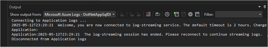 显示“输出”窗口中日志流式传输的屏幕截图。