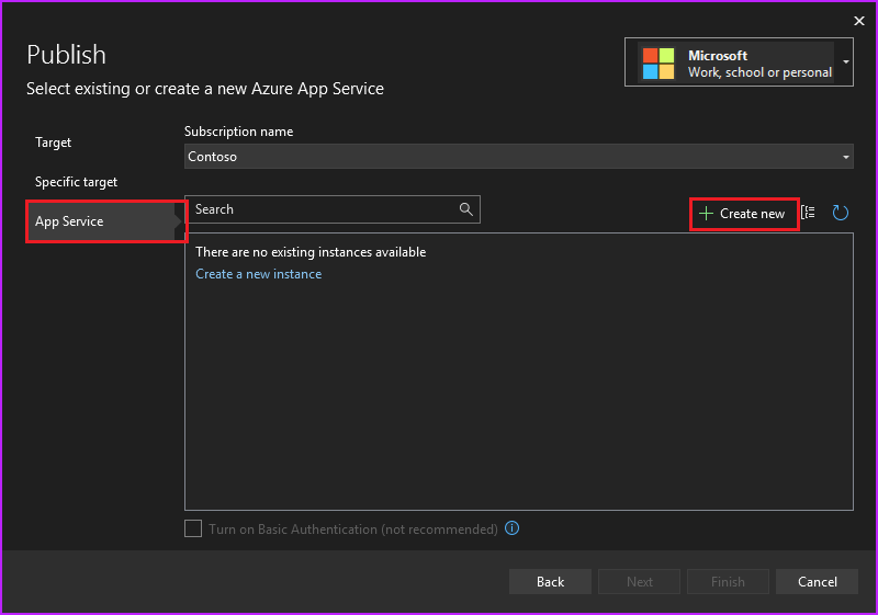 显示“发布”窗格中为应用服务选择“新建”的屏幕截图。
