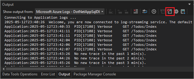显示停止日志流式传输的屏幕截图。