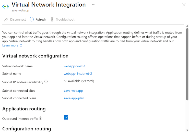 Azure portal 中将虚拟网络集成到应用的截图。