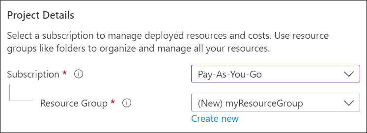 显示项目详细信息部分的屏幕截图，其中为 Web 应用选择 Azure 订阅和资源组。