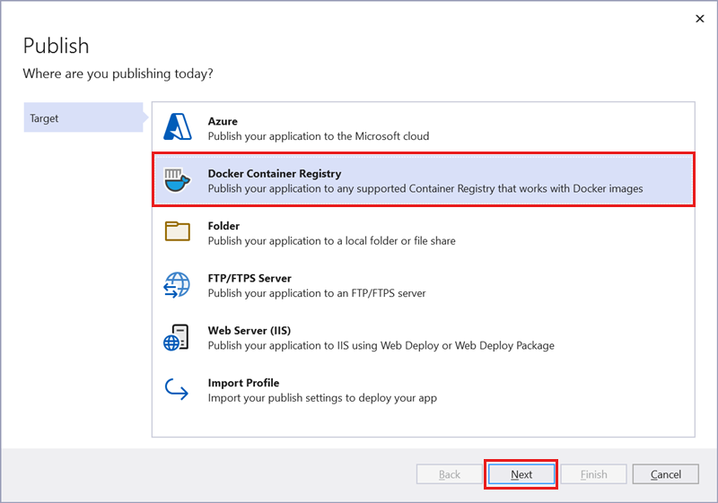 显示“选择 Docker 容器注册表”屏幕的屏幕截图。