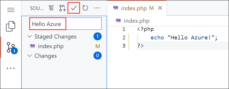 浏览器中的 Visual Studio Code 屏幕截图，源代码控制面板，其中包含 Hello Azure 提交消息。