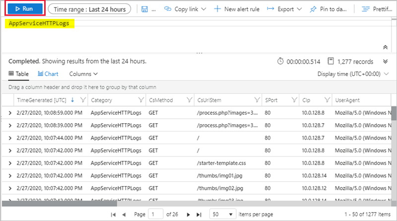 显示 Log Analytics 工作区 HTTP 日志的屏幕截图。