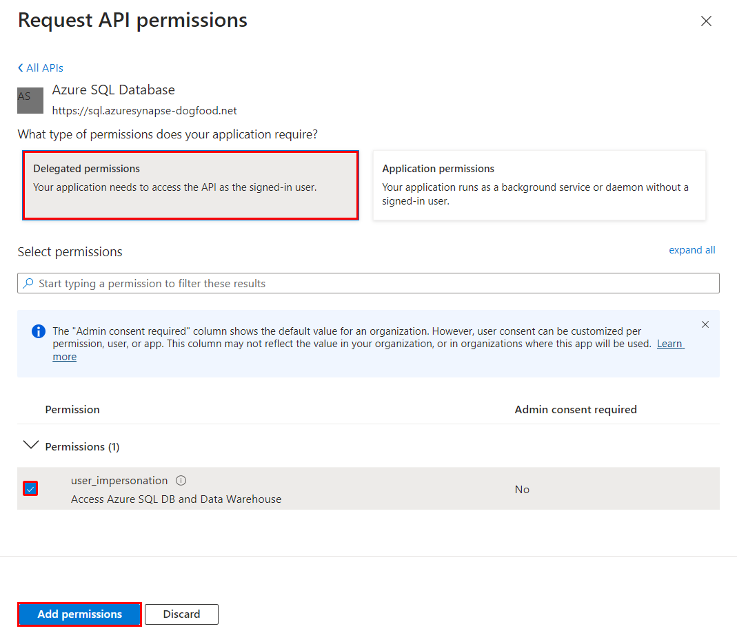 “请求 API 权限”页的屏幕截图，其中显示了“委派权限”、“user_impersonation”和“添加权限”按钮。