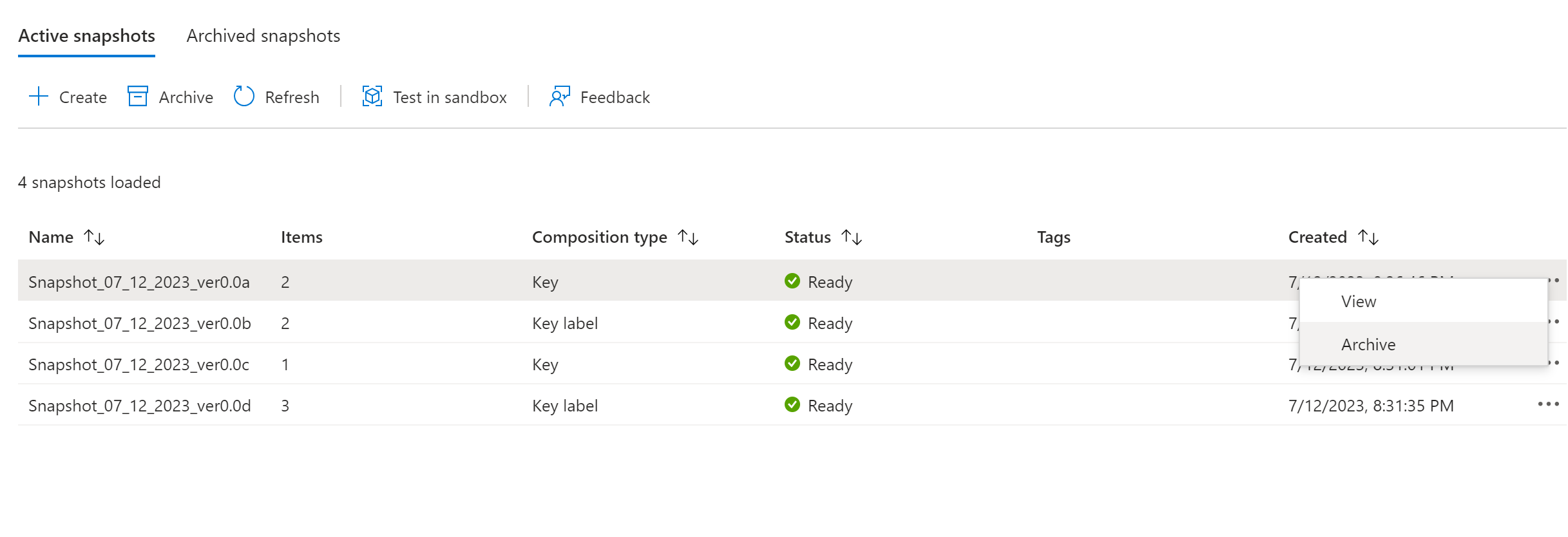活动快照中存档选项的屏幕截图。