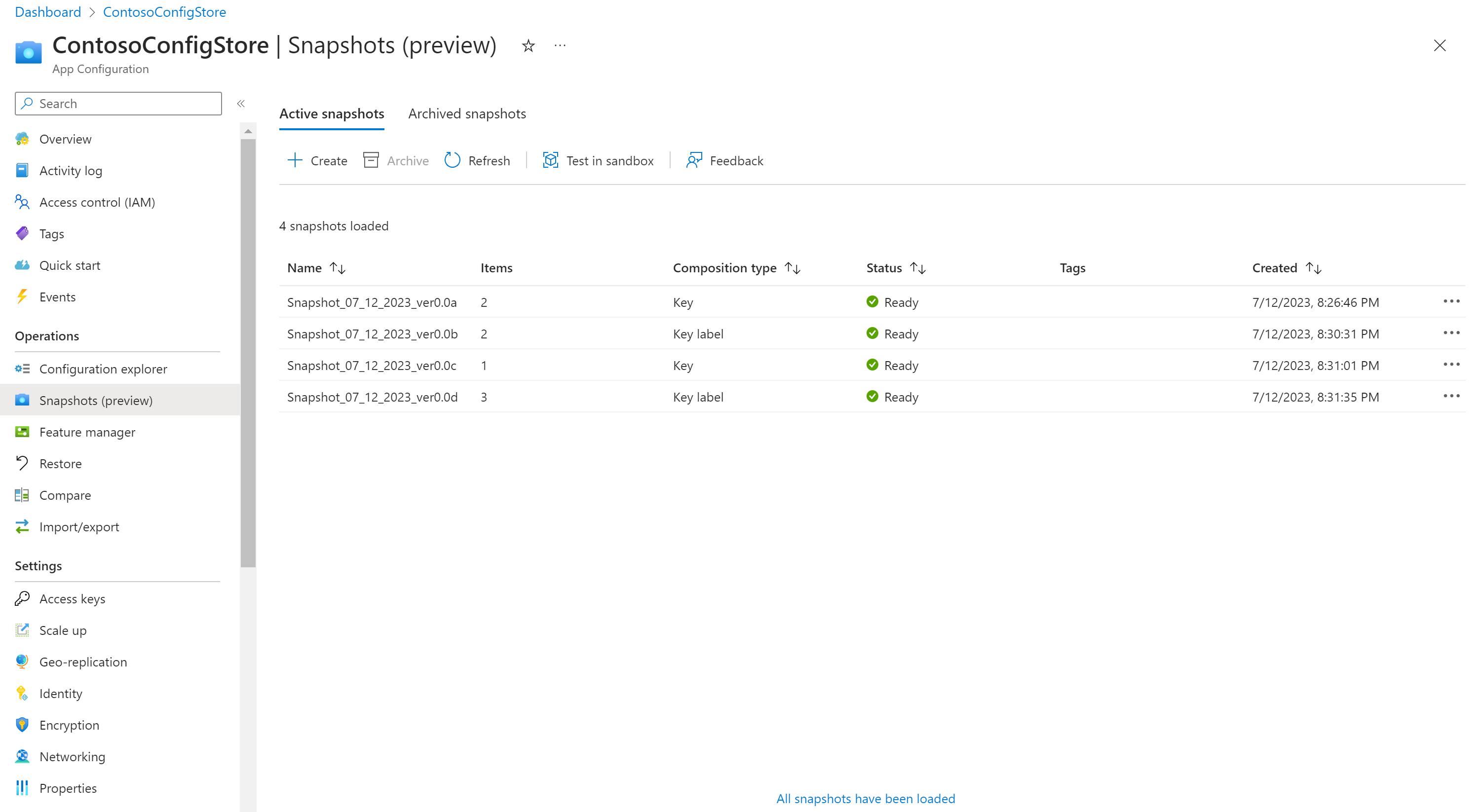 活动快照列表的屏幕截图。