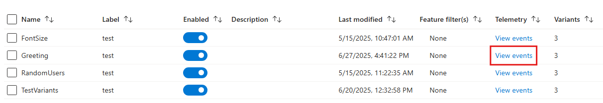 Azure 门户的屏幕截图，查看功能管理器中的事件。