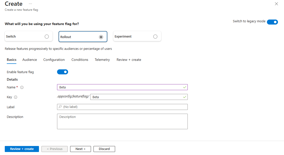 Azure 门户的屏幕截图，其中显示了“创建功能标志功能 - 推出”选项。