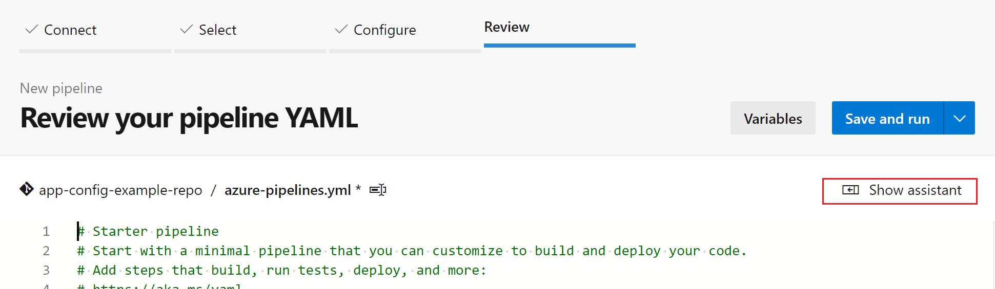 屏幕截图显示了新管道的“显示助手”按钮。