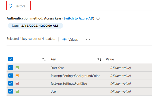 Azure 门户的屏幕截图，选择“还原”