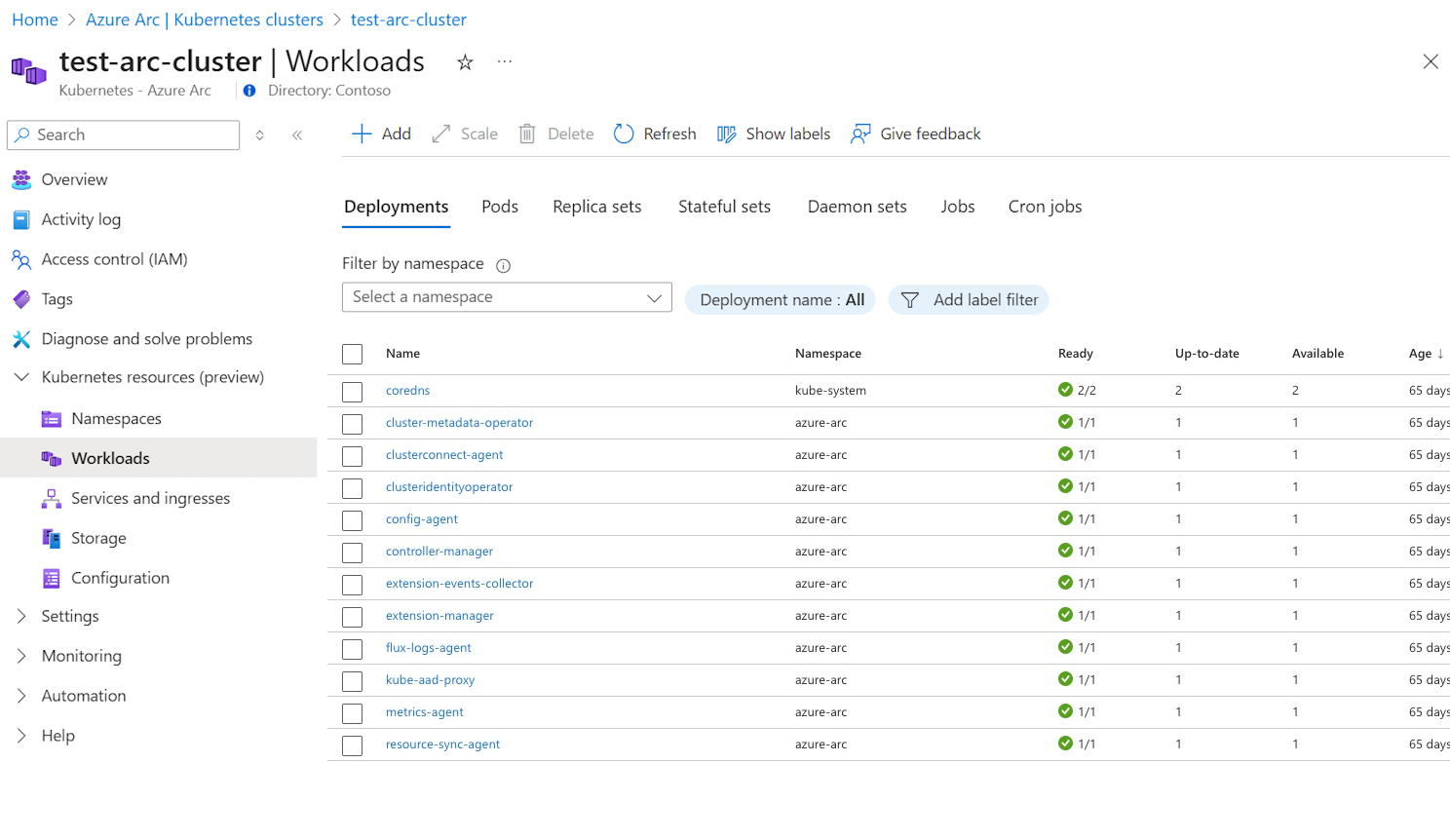 Azure 门户中 Kubernetes 工作负载信息的屏幕截图。