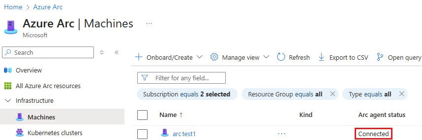 显示 Azure 门户中成功的计算机连接的屏幕截图。