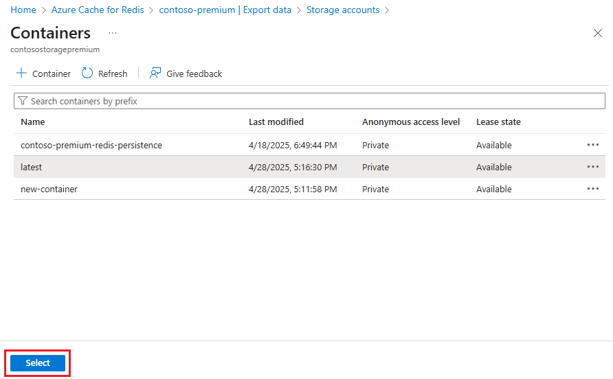 显示所选存储容器和“选择”按钮的屏幕截图。