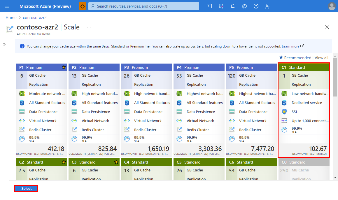 截图显示了 Azure Cache for Redis 的层级。