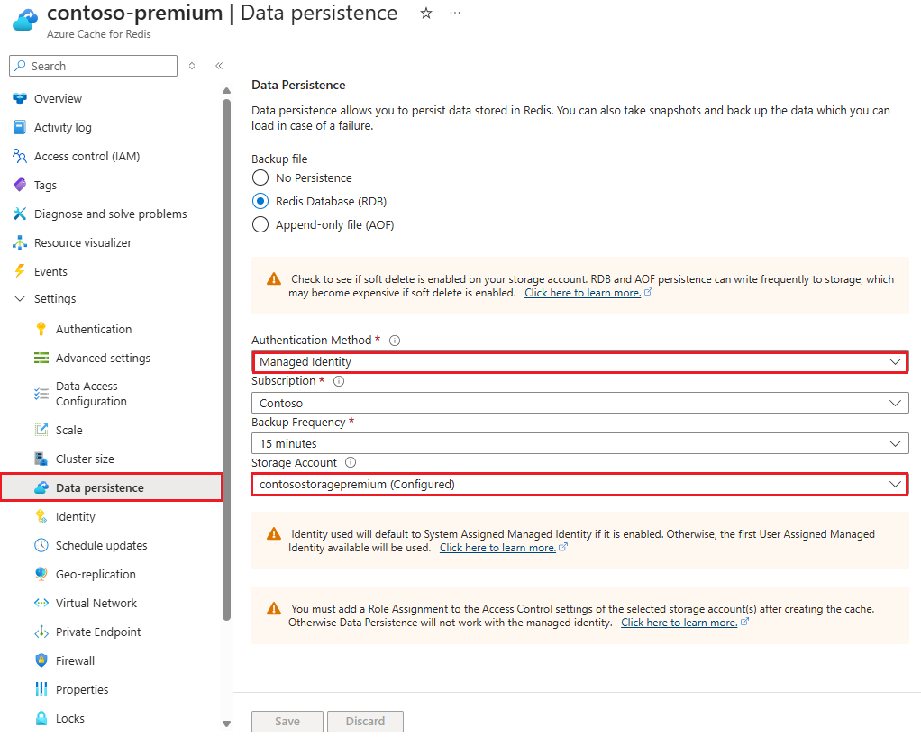 显示数据永久性窗格的屏幕截图，其中选择了身份验证方法。