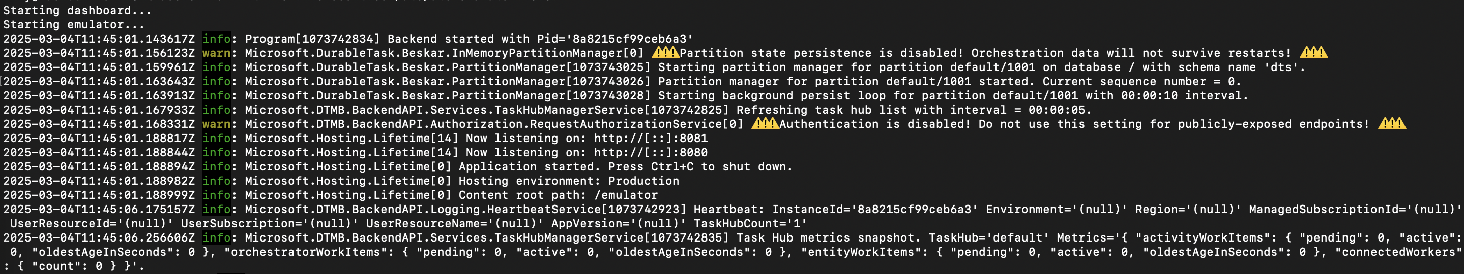 显示模拟器在终端上成功启动的屏幕截图。