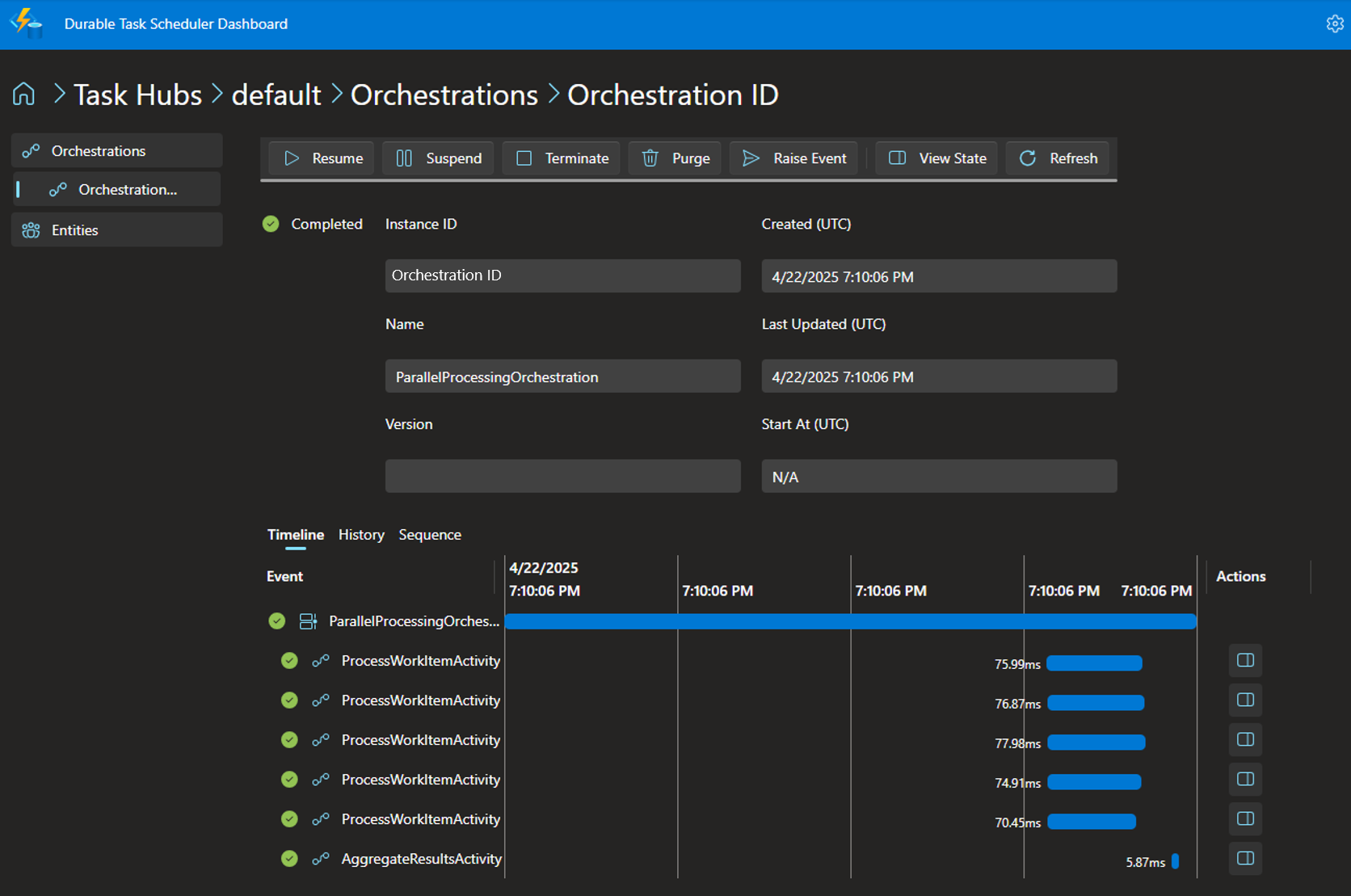 显示 .NET 示例协调实例详细信息的屏幕截图。