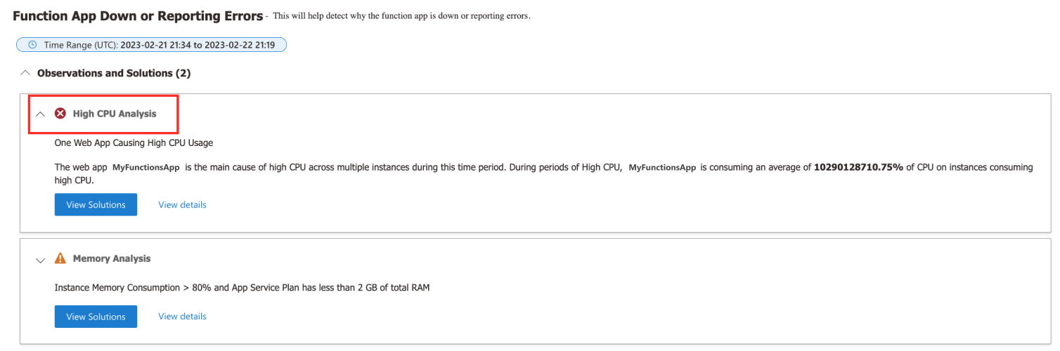 Durable Functions 高 CPU 分析检测器的屏幕截图。