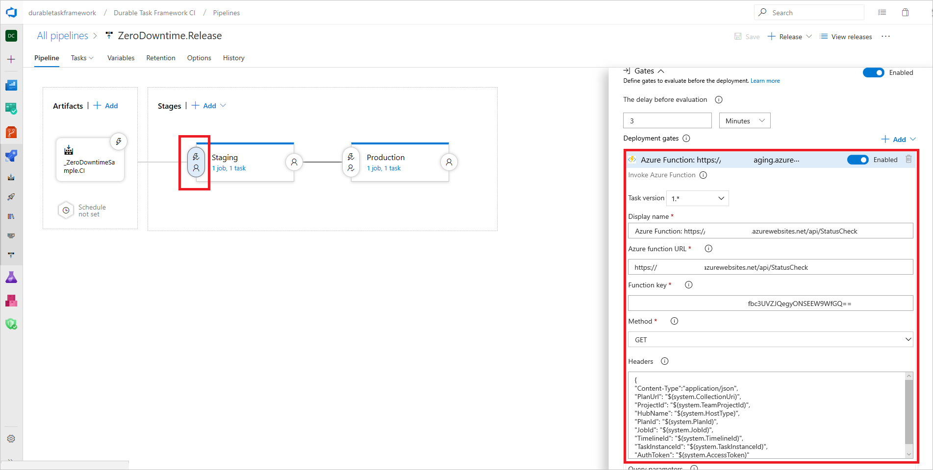 Azure Pipelines 部署网关配置的截图，用于零停机部署的 Durable Functions。