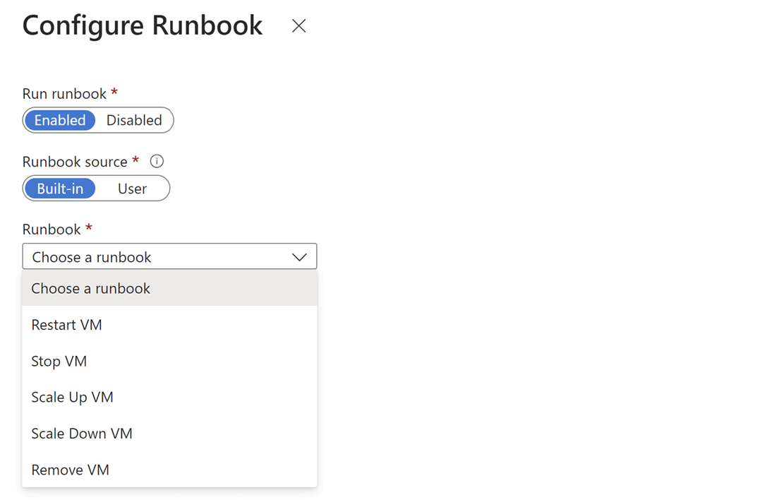 屏幕截图显示配置 Runbook 操作。