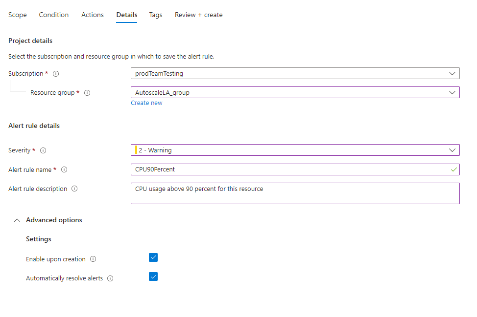 显示创建新警报规则时“详细信息”选项卡的屏幕截图。