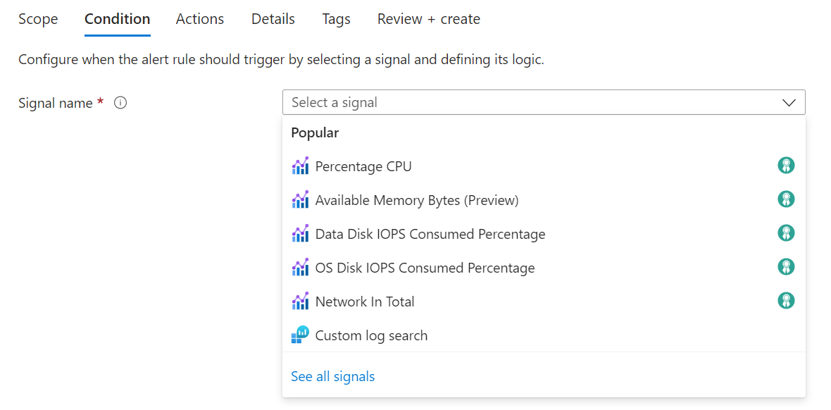 显示创建警报规则时的热门信号的屏幕截图。