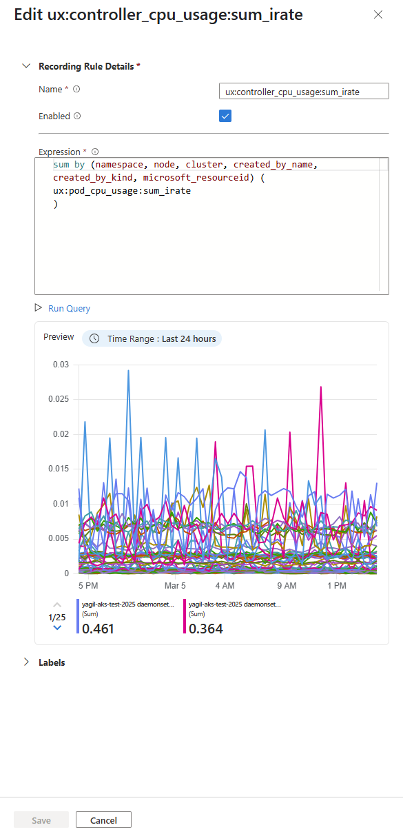 显示 Prometheus 规则组录制规则的配置的屏幕截图。