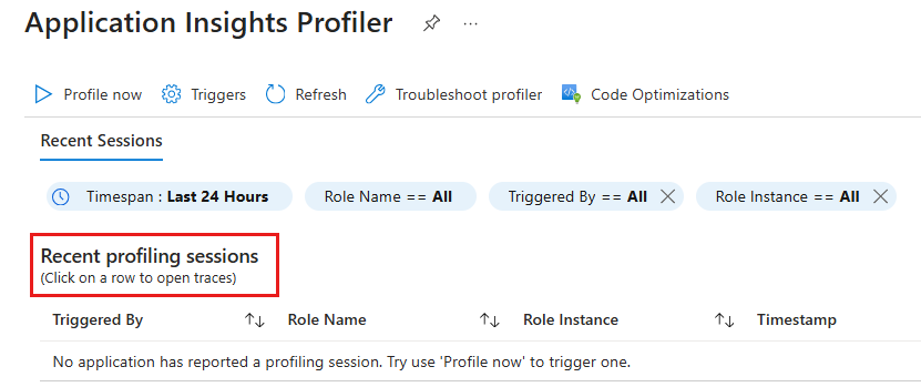 Application Insights Profiler 页的 Azure 门户屏幕截图。