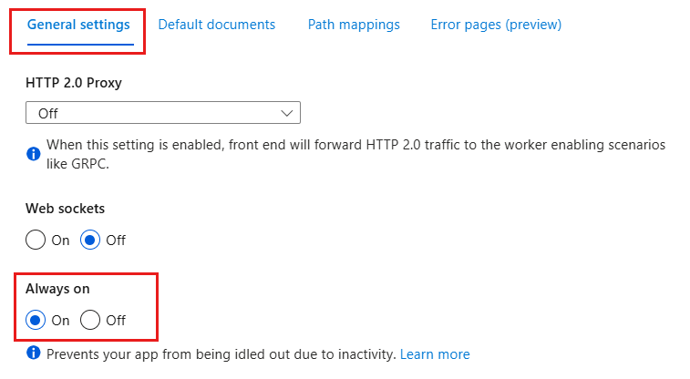 显示“配置”窗格中“常规”选项卡的屏幕截图，其中显示“Always On”已启用。