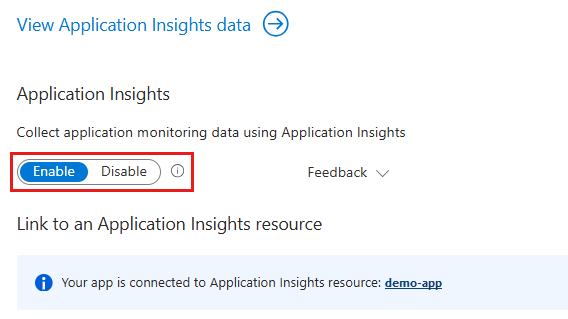 屏幕截图显示在应用上启用 Application Insights。