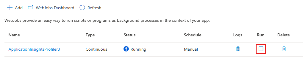 显示选择“停止”以停止 WebJob 的屏幕截图。