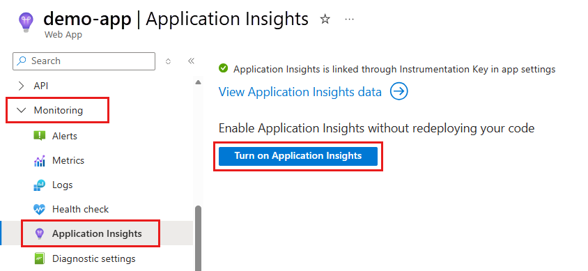 显示如何为应用启用 Application Insights 的屏幕截图。