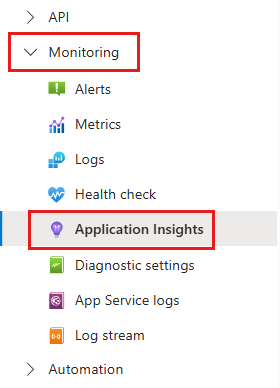 显示了在应用程序服务中启用 Application Insights 位置的屏幕截图。