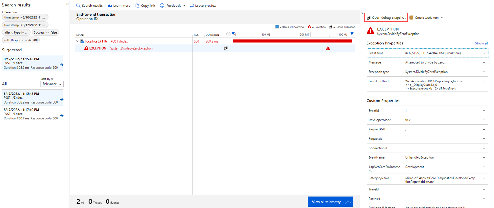 异常时显示的“打开调试快照”按钮的屏幕截图。