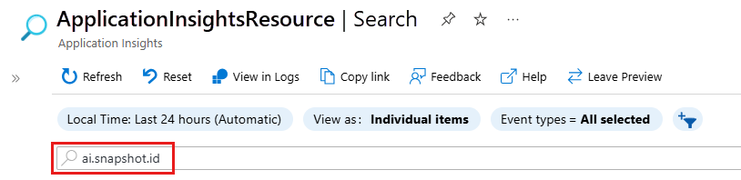 显示在 Azure 门户中使用快照 ID 搜索遥测的屏幕截图。