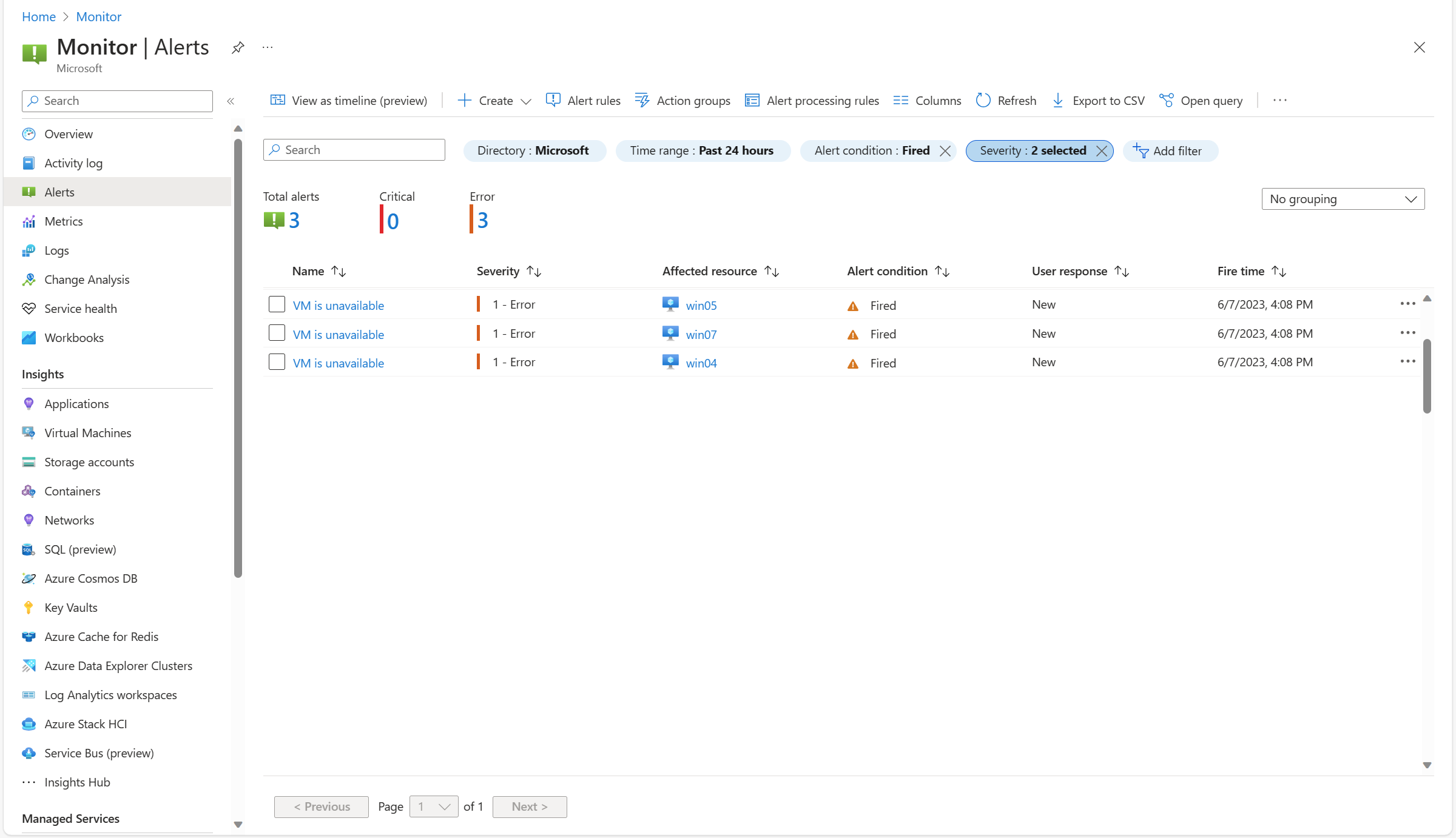 显示警报摘要的屏幕截图