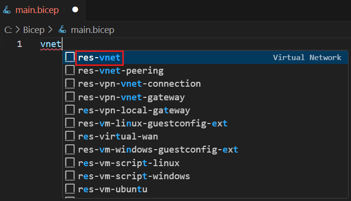 添加虚拟网络代码片段的截图。