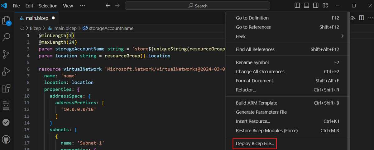 “部署 Bicep 文件”选项的屏幕截图。