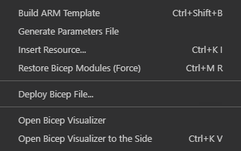 Visual Studio Code 的上下文菜单中 Bicep 文件的 Bicep 命令截图。
