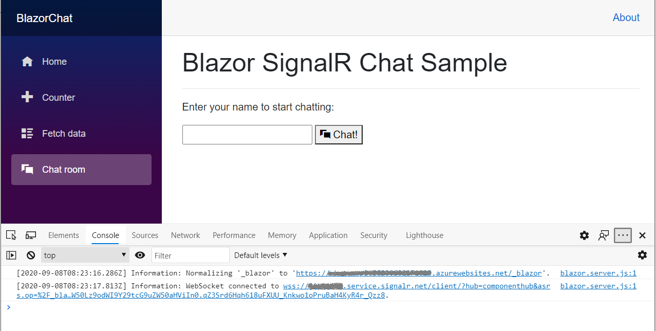 Blazor SignalR 聊天示例包含一个用于填写姓名的文本框和一个用于开始聊天的 Chat! 按钮。
