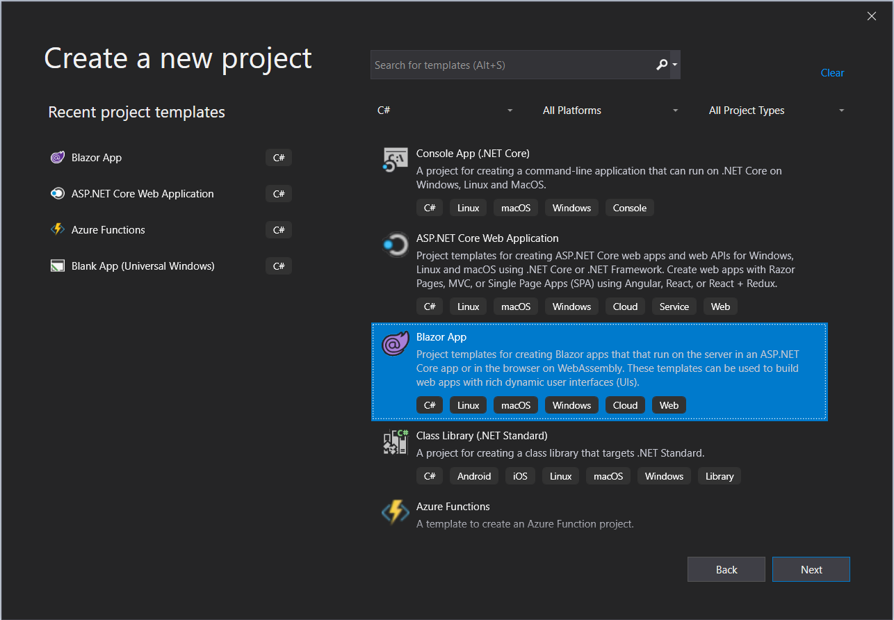 在“创建新项目”中,选择 Blazor 应用模板。