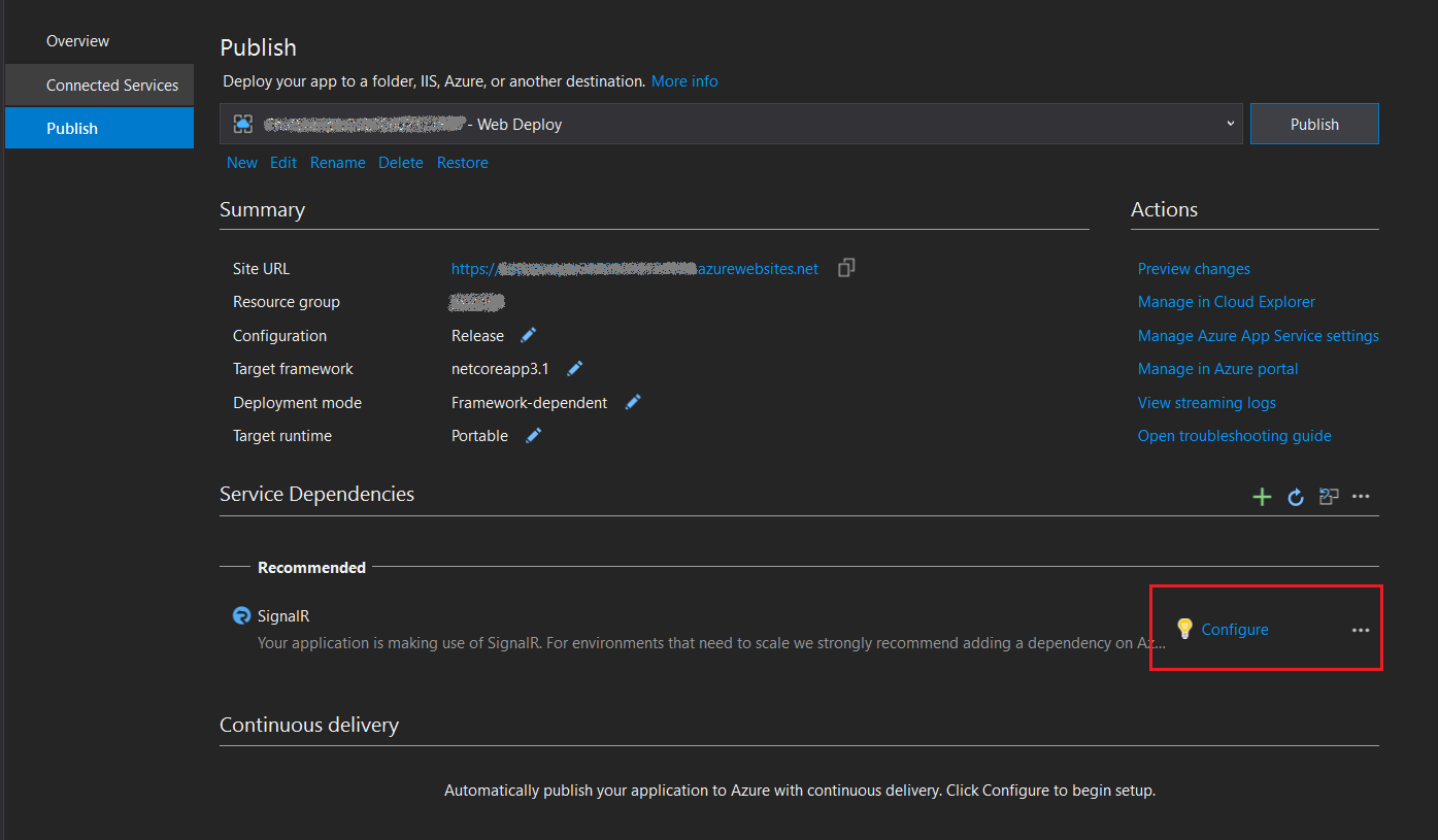 在“发布”中,突出显示了“配置”链接。