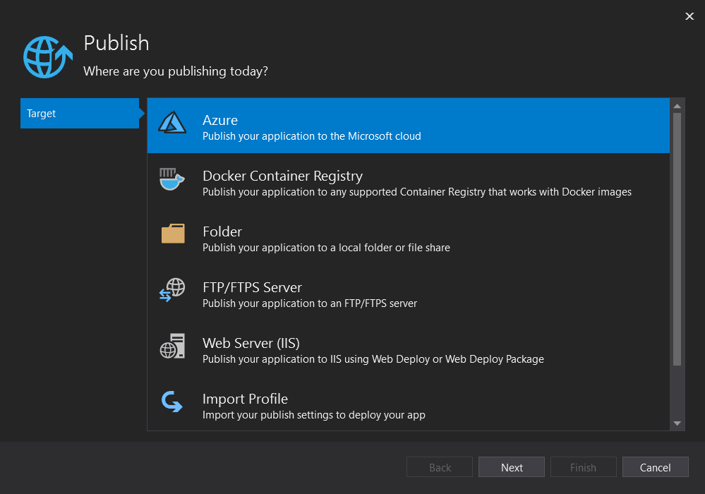 动画显示先选择 Azure 作为目标,然后选择 Azure 应用服务作为特定目标。